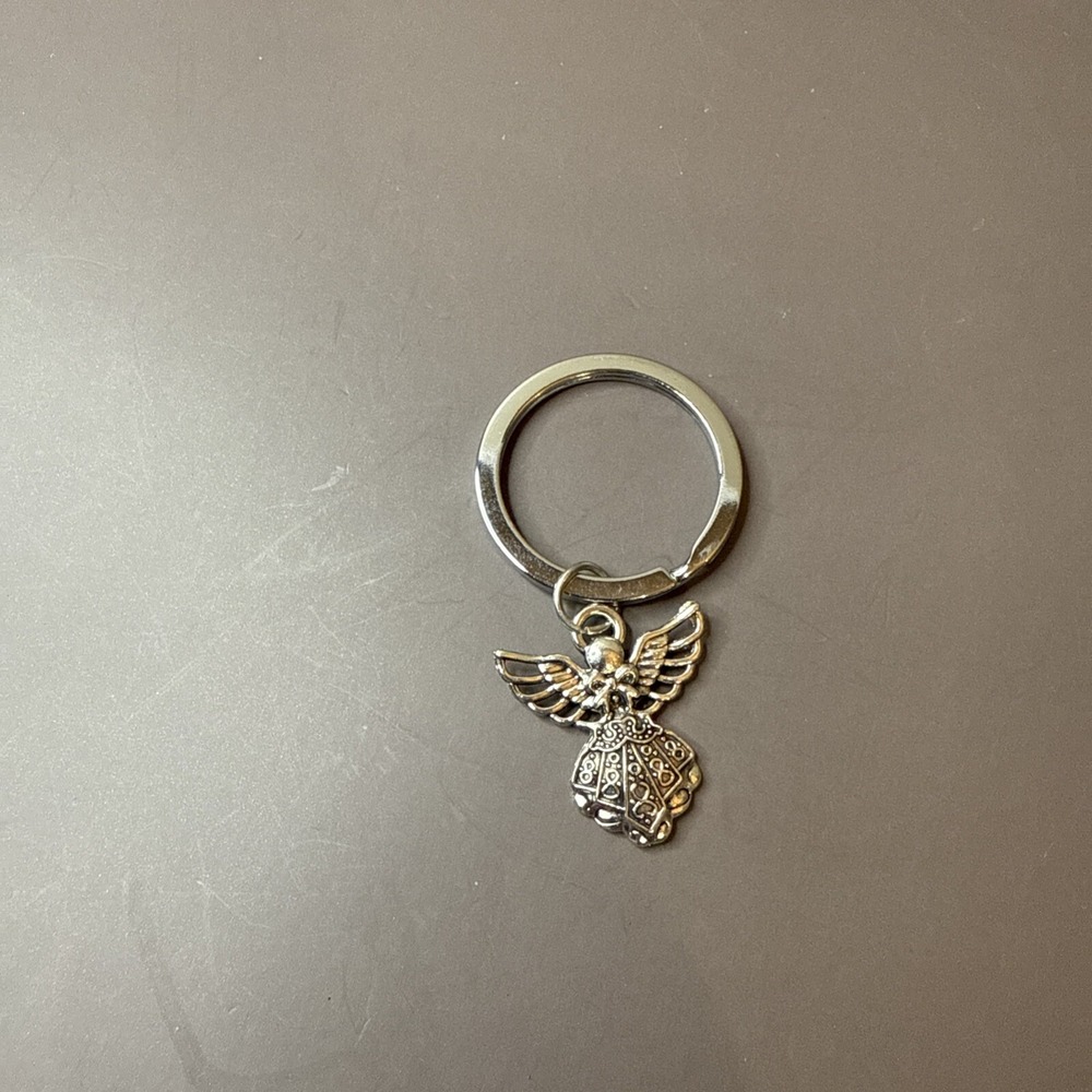 Silver Tone Guardian Angel Charm Keychain Key Ring